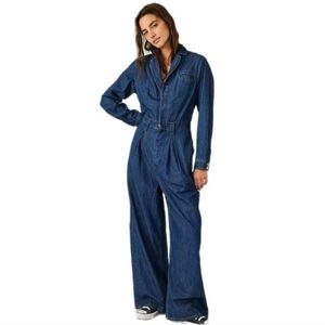 Free People The Franklin Tailored One Piece Coverall Denim Wide Leg Size: Small